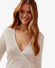TOPSHOP - Áo kiểu nữ tay dài cổ V Ivory Belted Ribbed