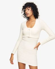 TOPSHOP - Đầm mini cổ tròn tay dài Ivory Ribbed Cardigan Jersey