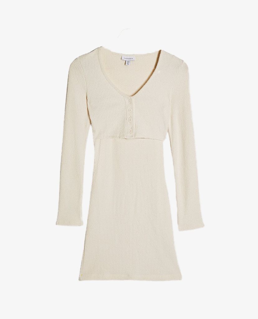 TOPSHOP - Đầm mini cổ tròn tay dài Ivory Ribbed Cardigan Jersey