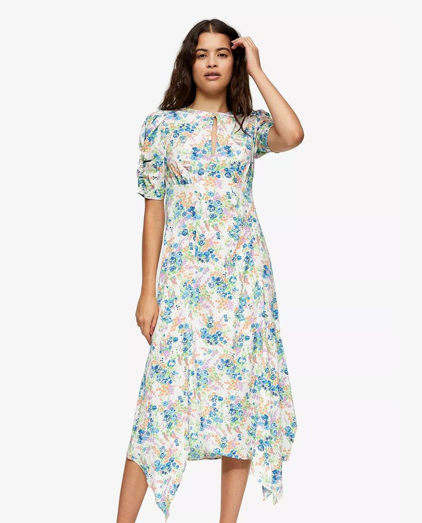 TOPSHOP - Đầm midi tay ngắn Ivory Floral Ruched Sleeve