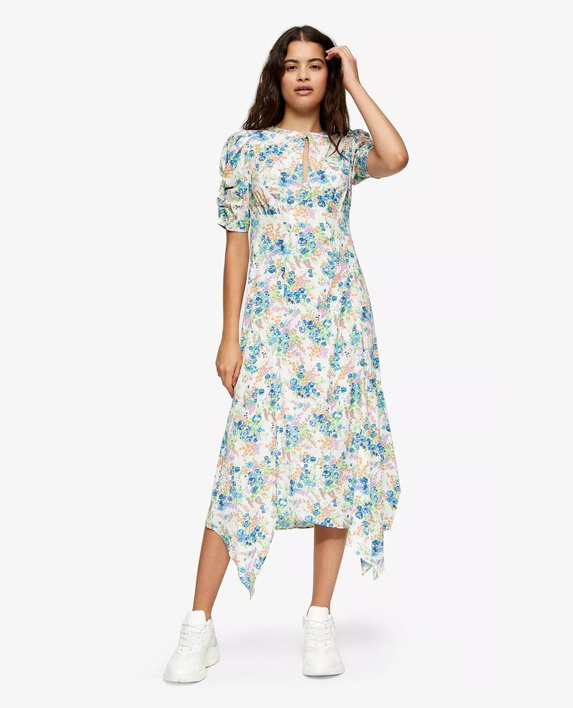 TOPSHOP - Đầm midi tay ngắn Ivory Floral Ruched Sleeve