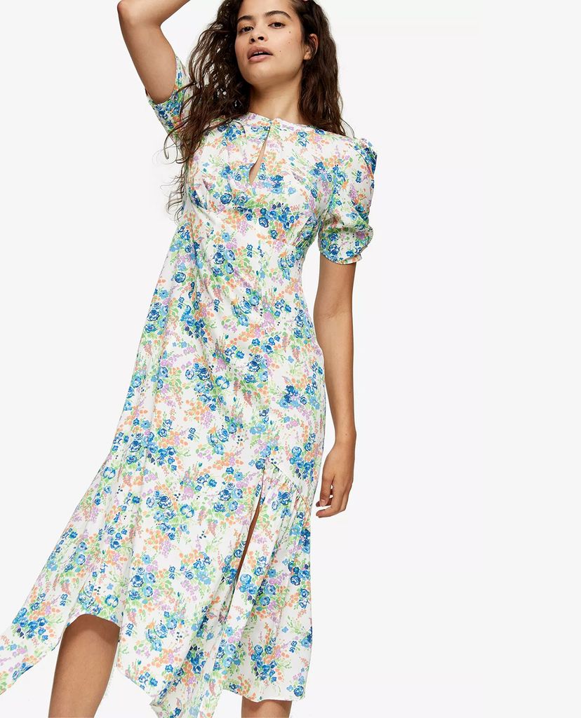 TOPSHOP - Đầm midi tay ngắn Ivory Floral Ruched Sleeve