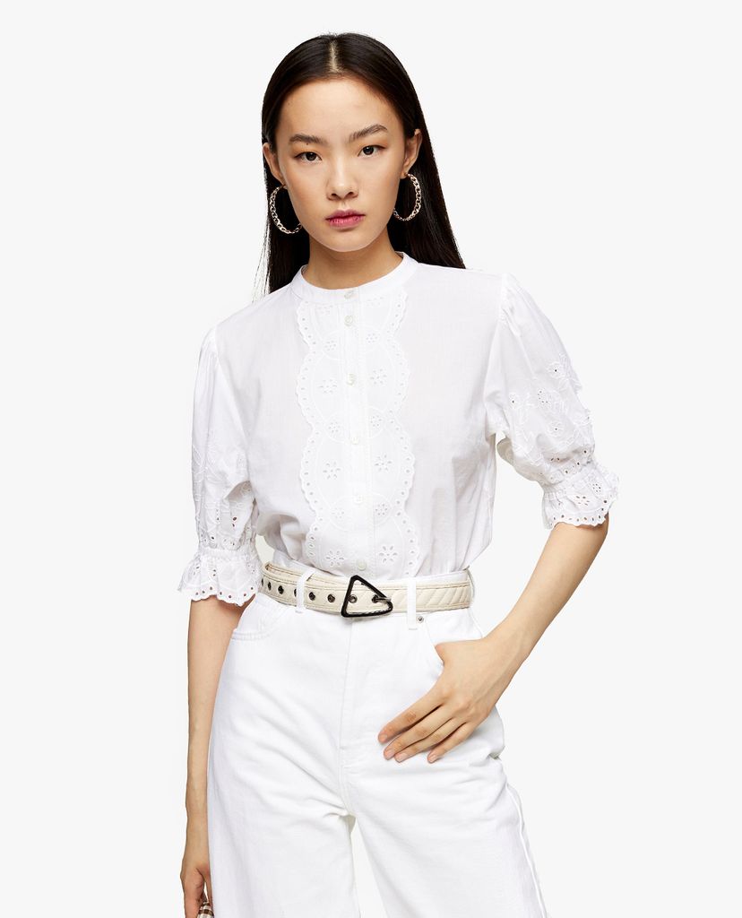 TOPSHOP - Áo kiểu nữ cổ tròn tay lỡ phối nút Ivory Broderie