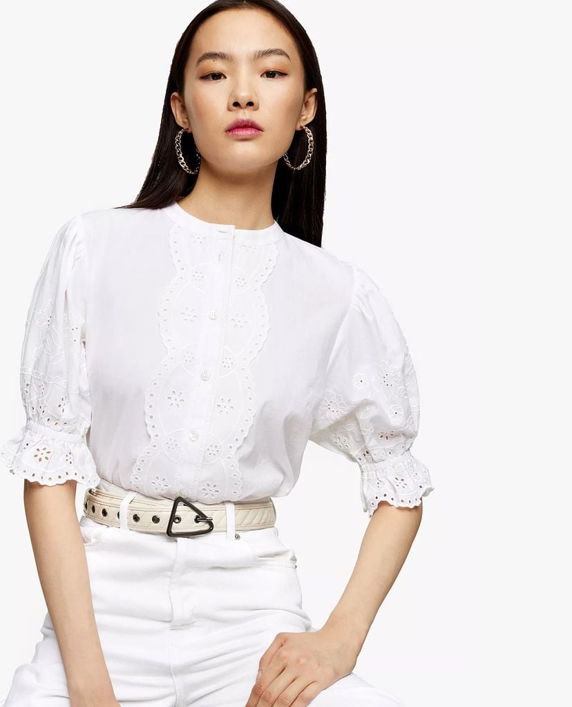TOPSHOP - Áo kiểu nữ cổ tròn tay lỡ phối nút Ivory Broderie