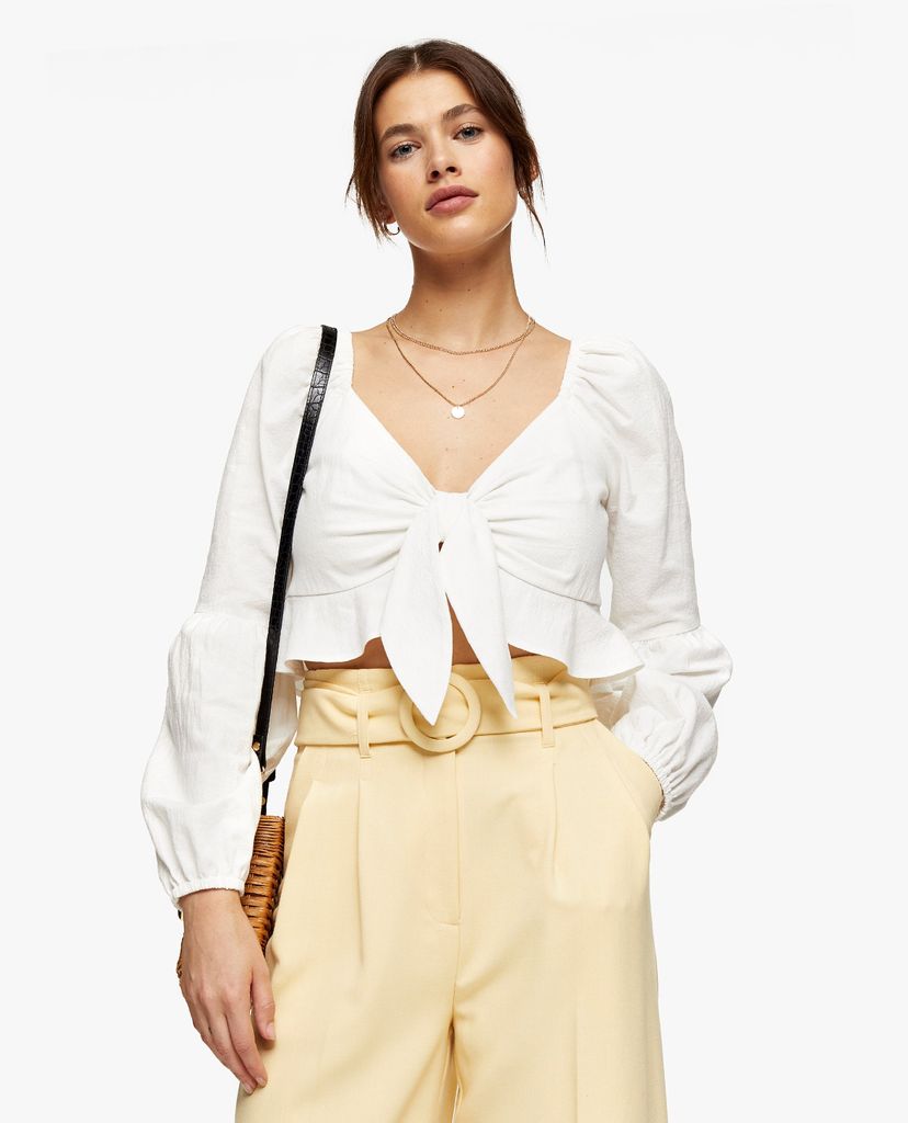 TOPSHOP - Áo kiểu nữ croptop tay dài Ivory Textured Knot Front Frill