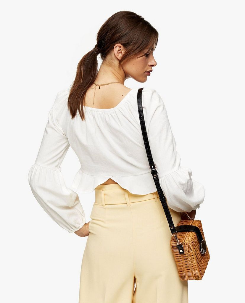 TOPSHOP - Áo kiểu nữ croptop tay dài Ivory Textured Knot Front Frill