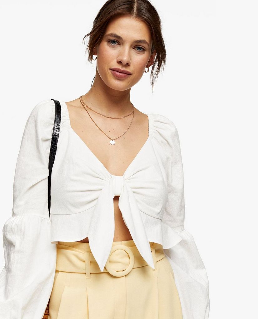 TOPSHOP - Áo kiểu nữ croptop tay dài Ivory Textured Knot Front Frill