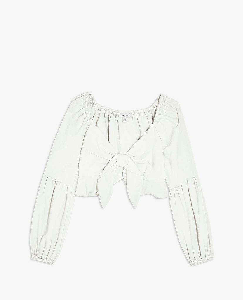 TOPSHOP - Áo kiểu nữ croptop tay dài Ivory Textured Knot Front Frill
