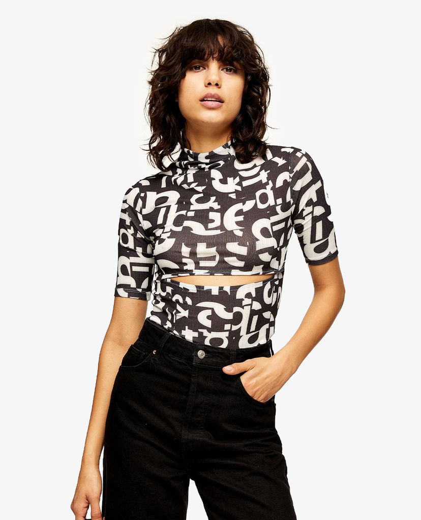 TOPSHOP - Áo kiểu nữ cổ lọ tay ngắn Black & White Letters Mesh