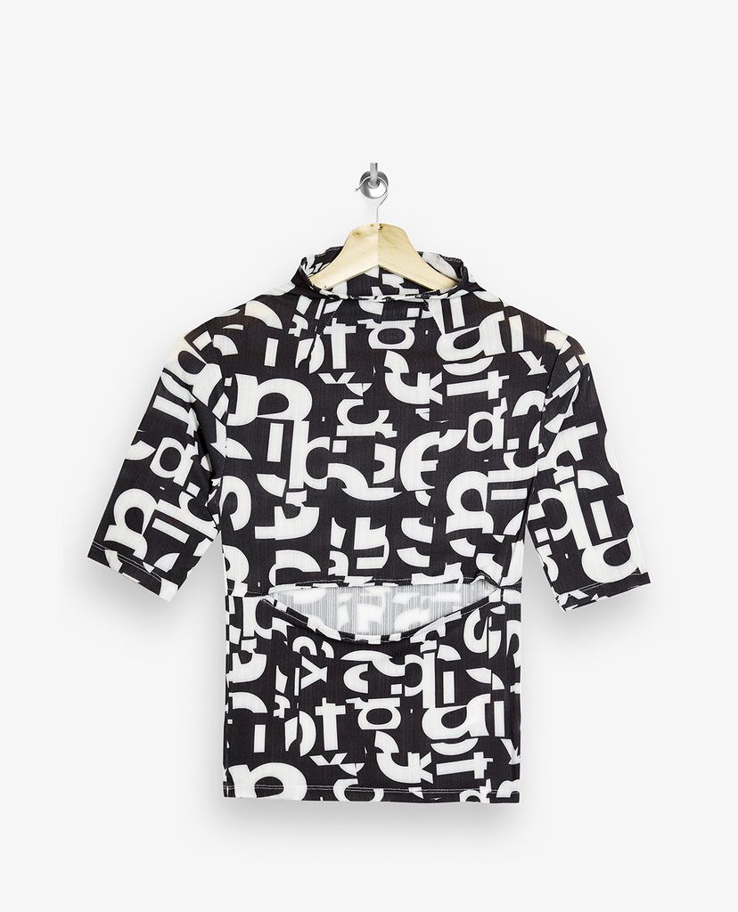 TOPSHOP - Áo kiểu nữ cổ lọ tay ngắn Black & White Letters Mesh