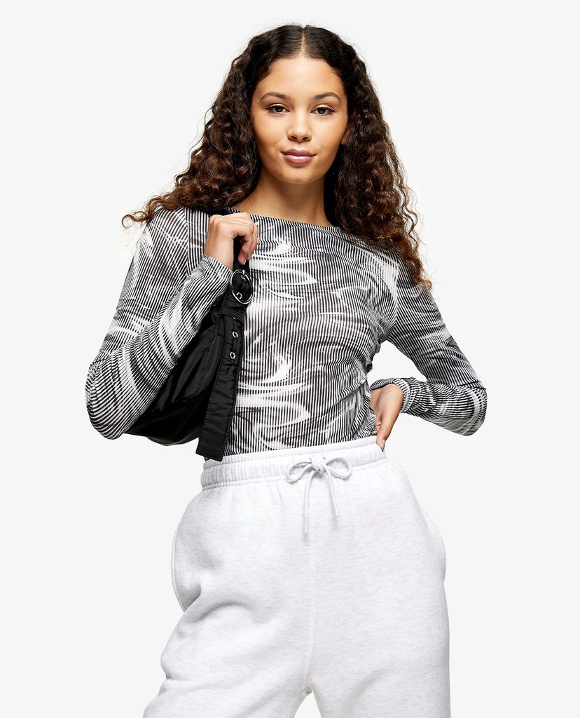 TOPSHOP - Áo kiểu nữ tay dài phom ôm Black & White Blur Mesh