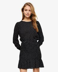 TOPSHOP - Đầm mini tay dài cổ tròn chấm bi Monochrome Black