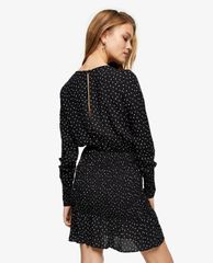 TOPSHOP - Đầm mini tay dài cổ tròn chấm bi Monochrome Black