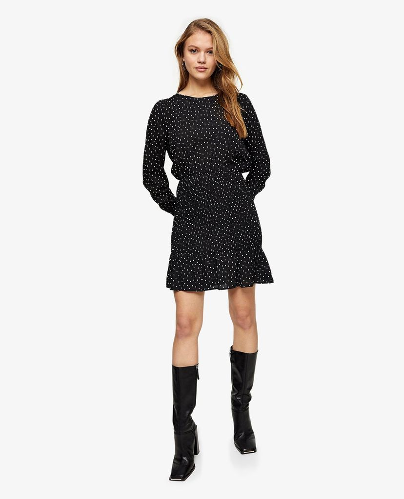 TOPSHOP - Đầm mini tay dài cổ tròn chấm bi Monochrome Black