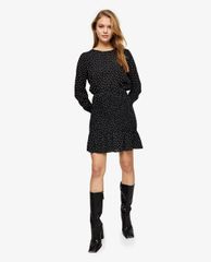 TOPSHOP - Đầm mini tay dài cổ tròn chấm bi Monochrome Black