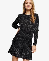 TOPSHOP - Đầm mini tay dài cổ tròn chấm bi Monochrome Black
