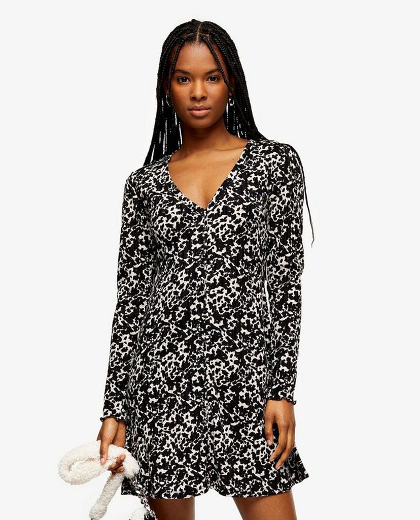 TOPSHOP - Đầm mini cổ V tay dài Black & White Animal Flippy