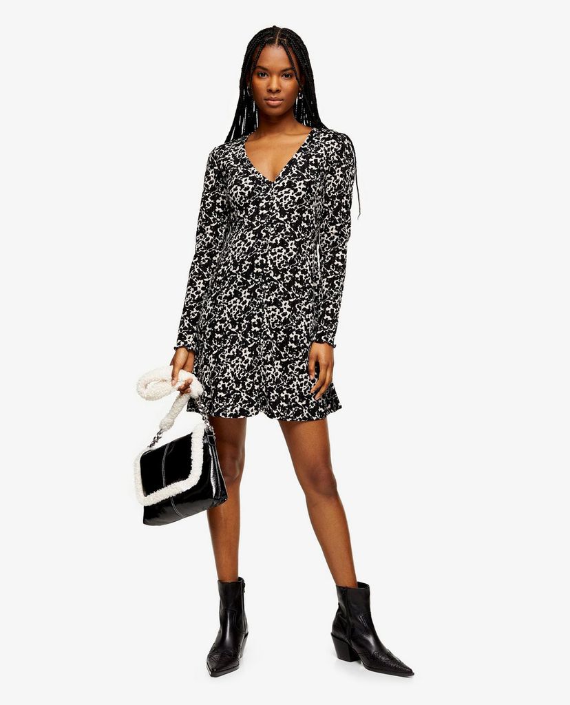 TOPSHOP - Đầm mini cổ V tay dài Black & White Animal Flippy