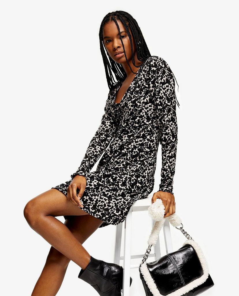 TOPSHOP - Đầm mini cổ V tay dài Black & White Animal Flippy