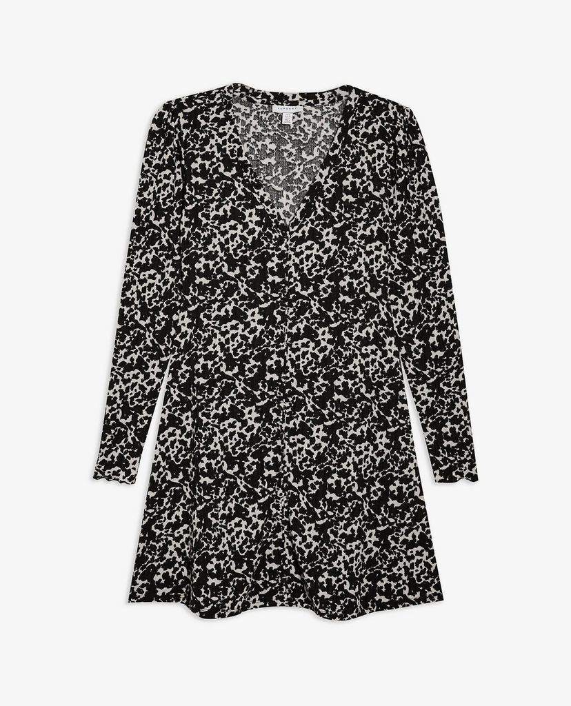 TOPSHOP - Đầm mini cổ V tay dài Black & White Animal Flippy