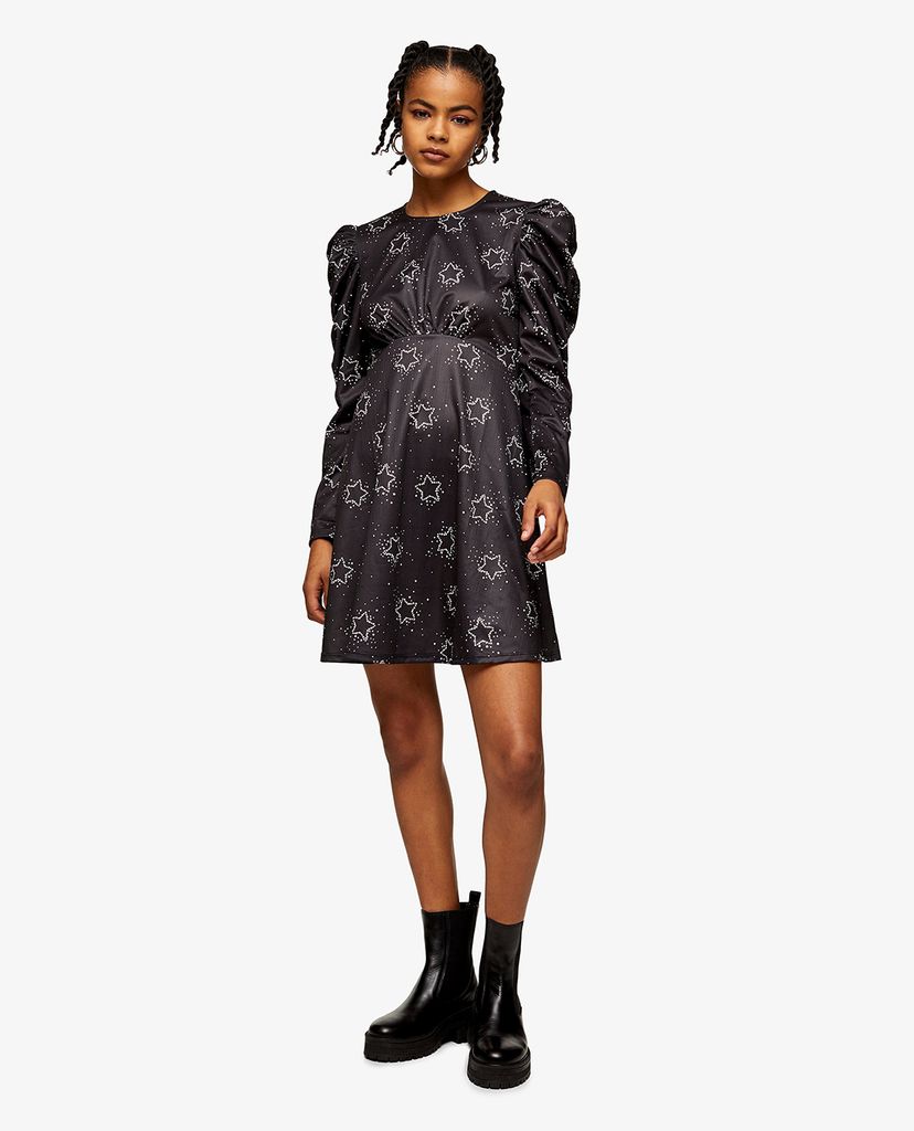 TOPSHOP - Đầm mini cổ tròn tay dài Black & White Star Print Jersey Flippy