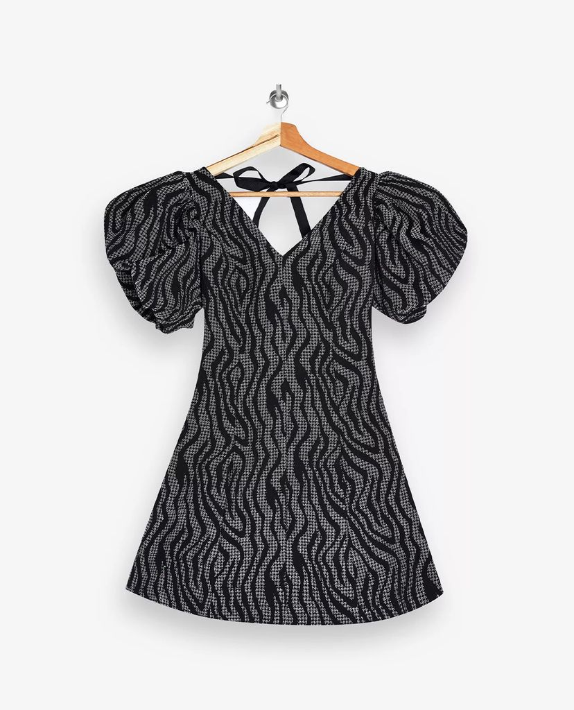 TOPSHOP - Đầm mini cổ V tay phồng Black & White Animal Puff Sleeve