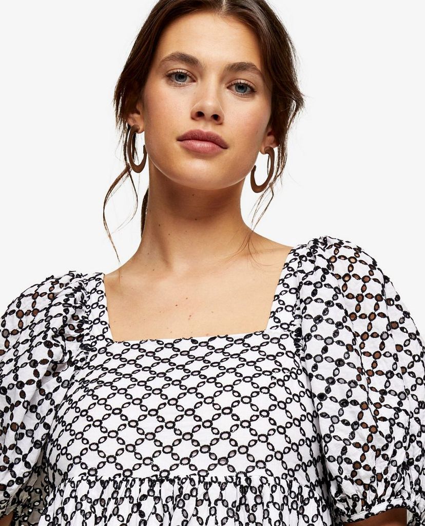 TOPSHOP - Đầm mini cổ vuông tay phồng Black And White Embroidered Chuck On