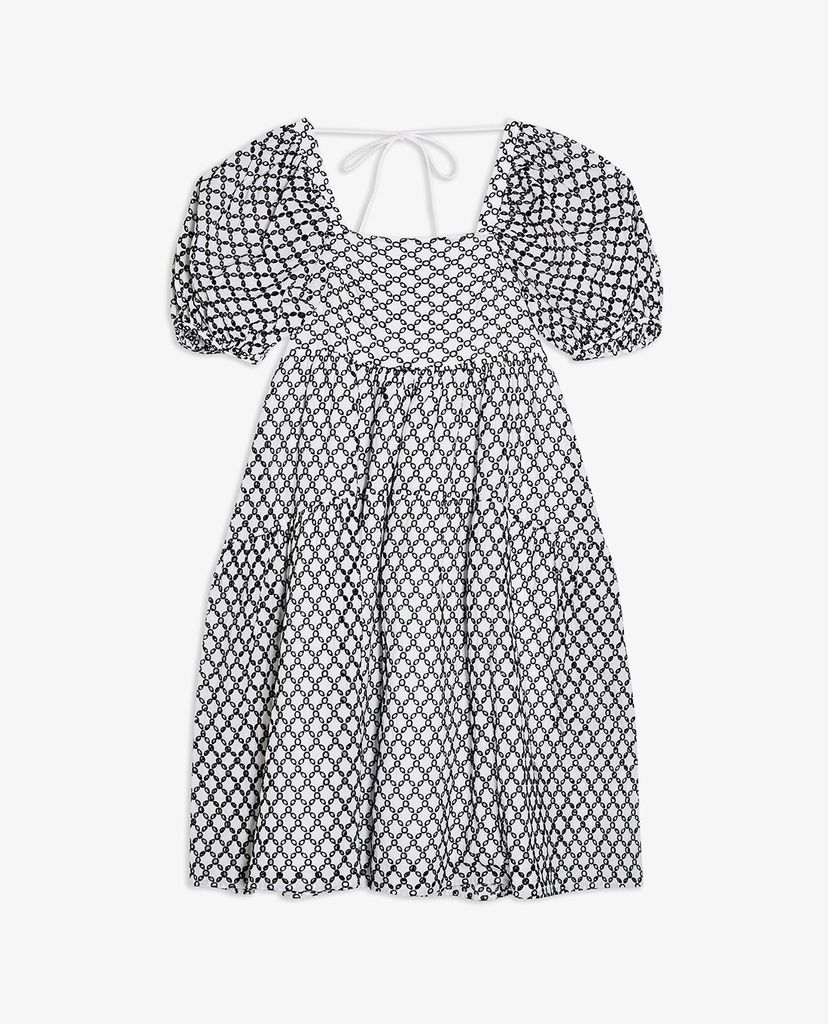 TOPSHOP - Đầm mini cổ vuông tay phồng Black And White Embroidered Chuck On