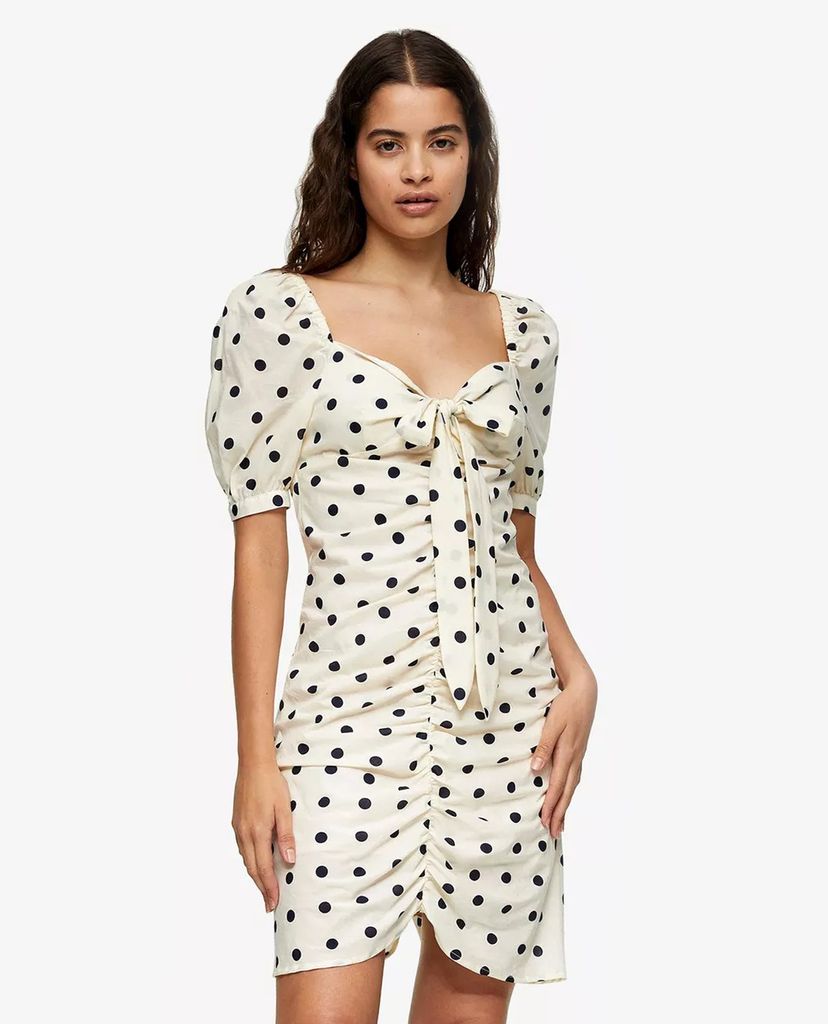 TOPSHOP - Đầm mini cổ V tay ngắn Black & White Ruched Spot Tie Front