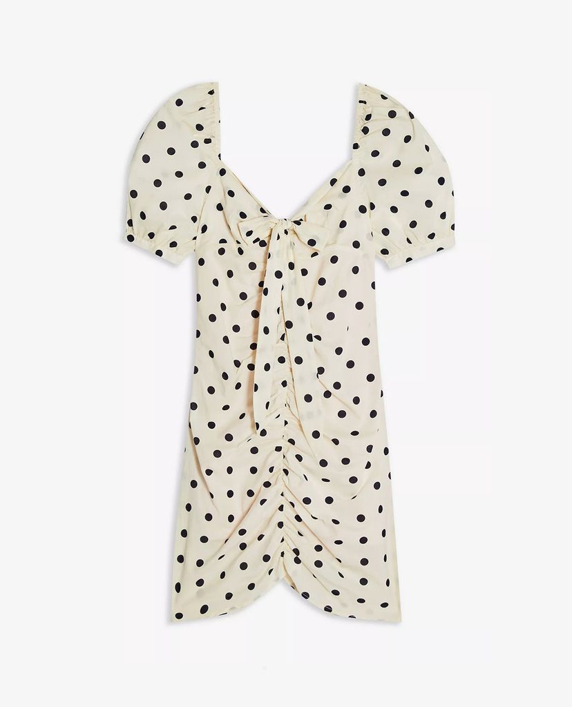 TOPSHOP - Đầm mini cổ V tay ngắn Black & White Ruched Spot Tie Front