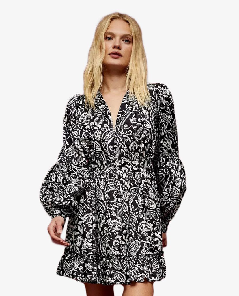 TOPSHOP - Đầm mini cổ V tay phồng IDOL Black & White Paisley