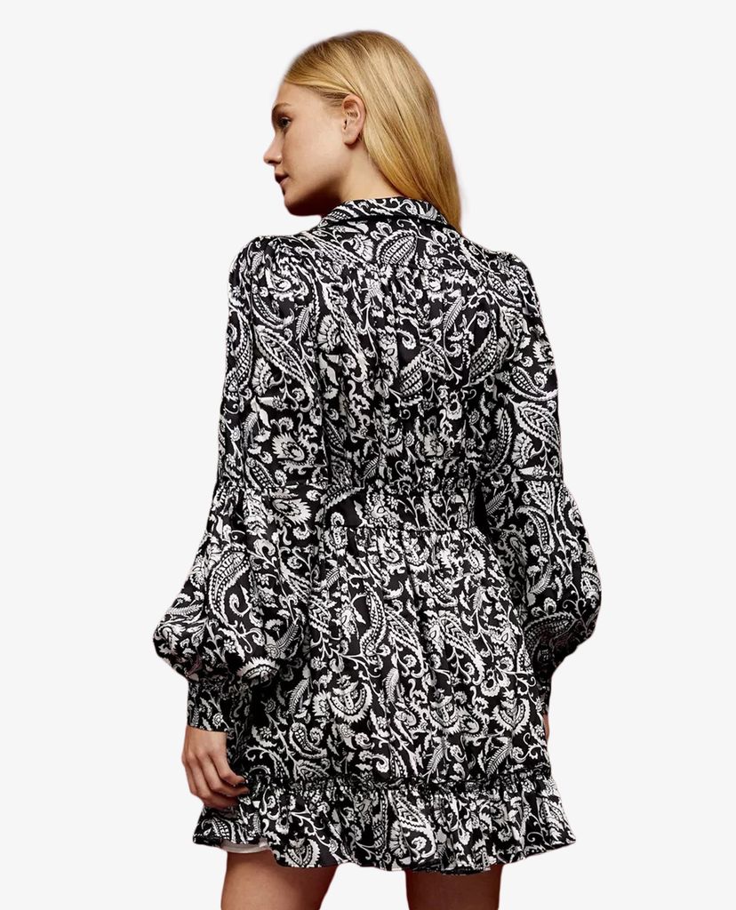 TOPSHOP - Đầm mini cổ V tay phồng IDOL Black & White Paisley
