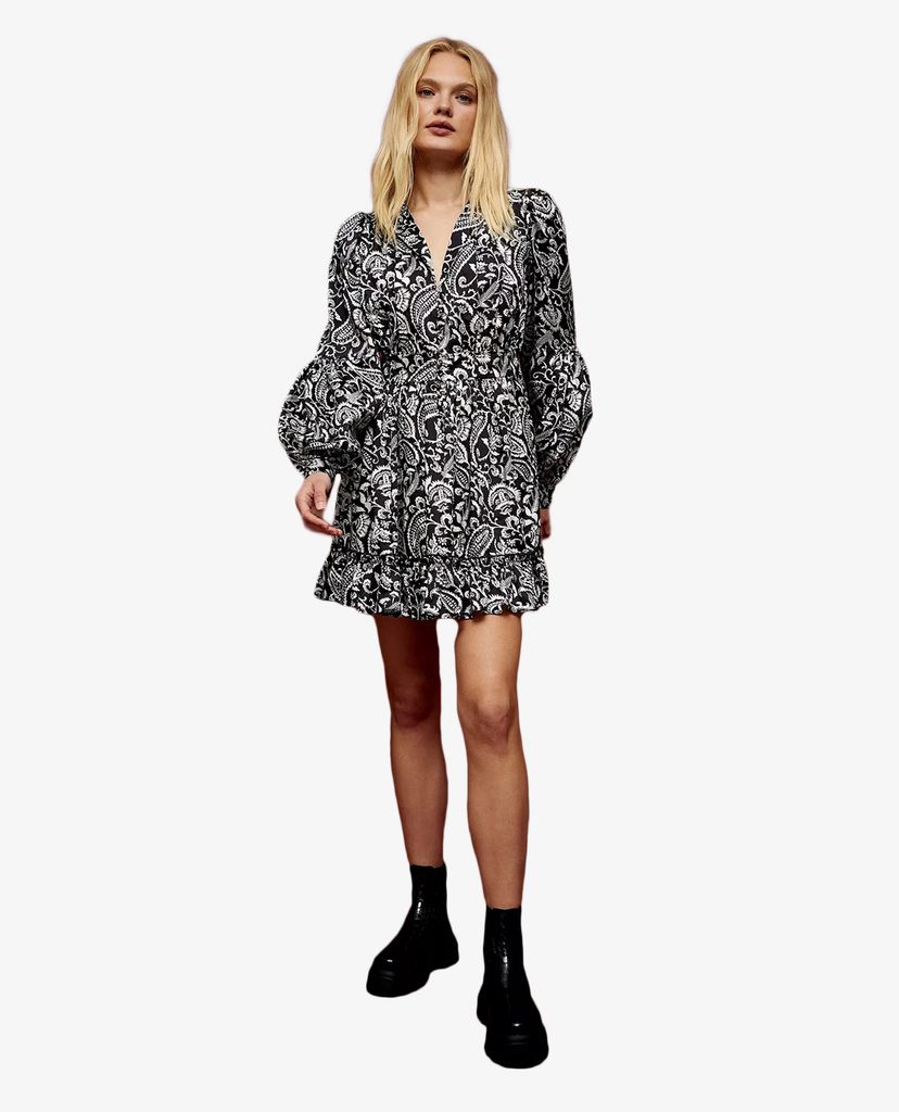 TOPSHOP - Đầm mini cổ V tay phồng IDOL Black & White Paisley