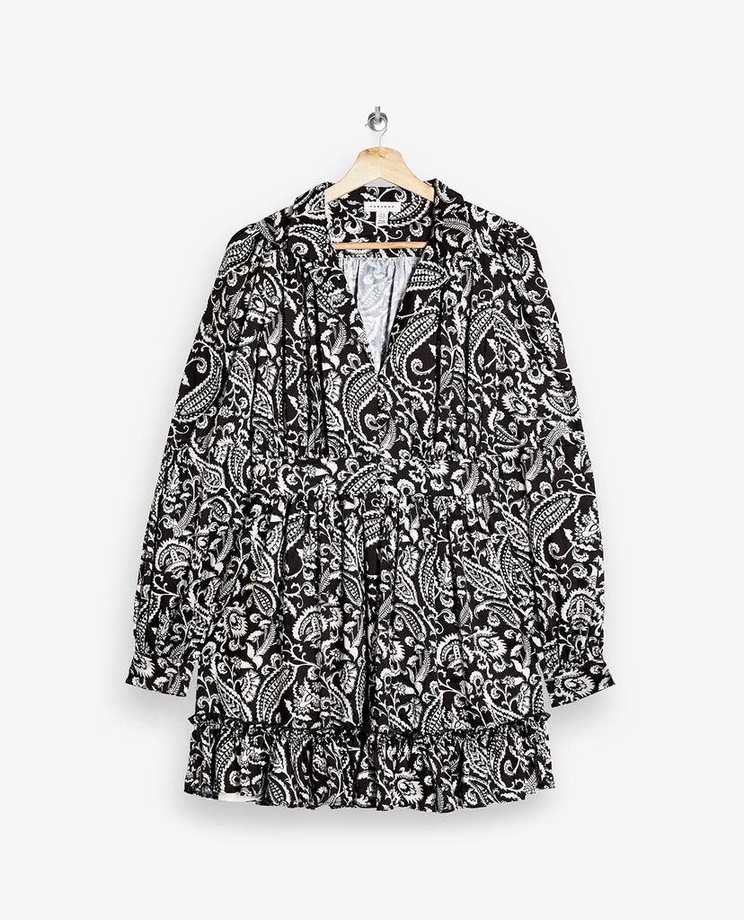 TOPSHOP - Đầm mini cổ V tay phồng IDOL Black & White Paisley