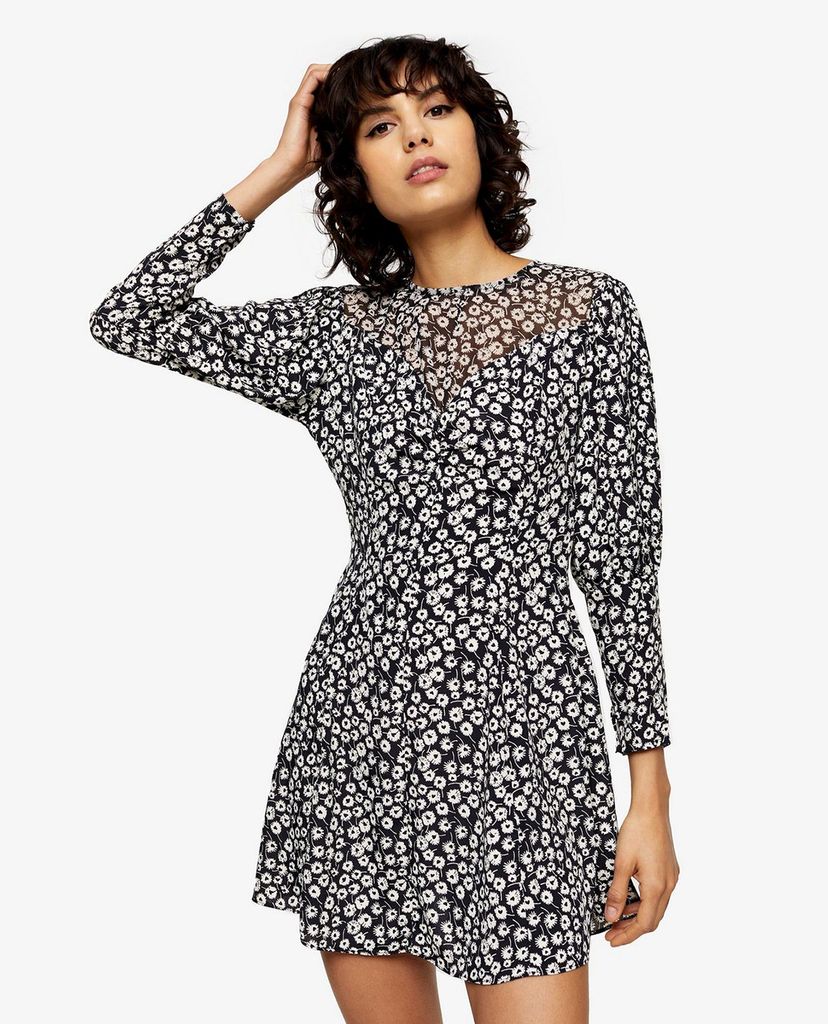 TOPSHOP - Đầm mini cổ tròn tay dài Black & White Twist Grunge