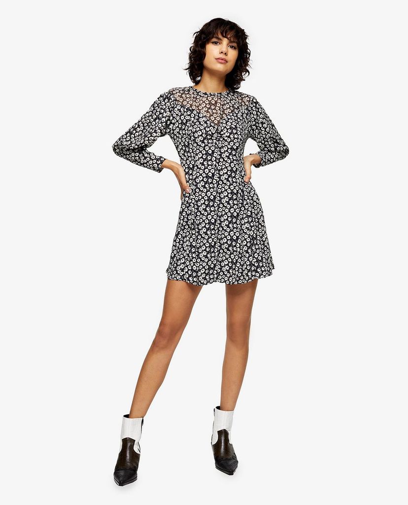 TOPSHOP - Đầm mini cổ tròn tay dài Black & White Twist Grunge