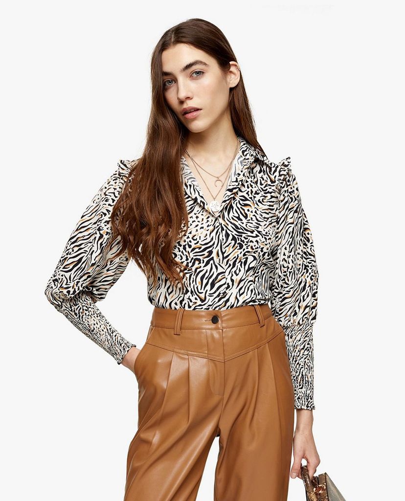 TOPSHOP - Áo kiểu nữ cổ sơ mi tay dài Black And White Frill Shirred