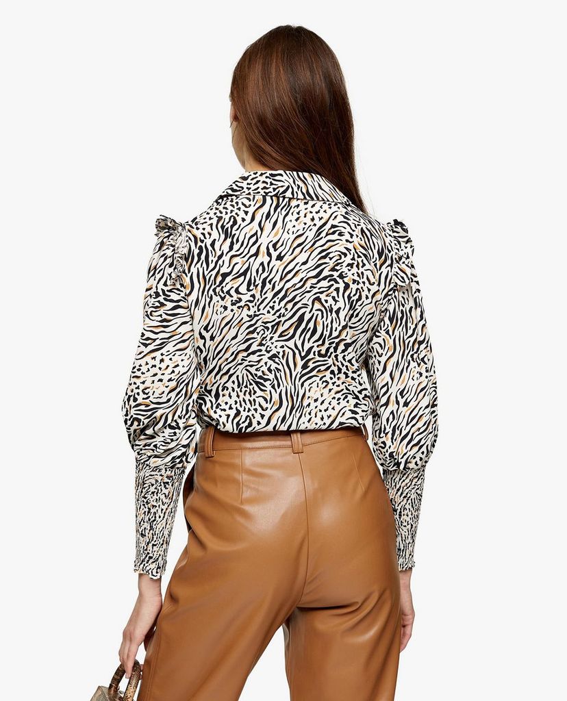 TOPSHOP - Áo kiểu nữ cổ sơ mi tay dài Black And White Frill Shirred