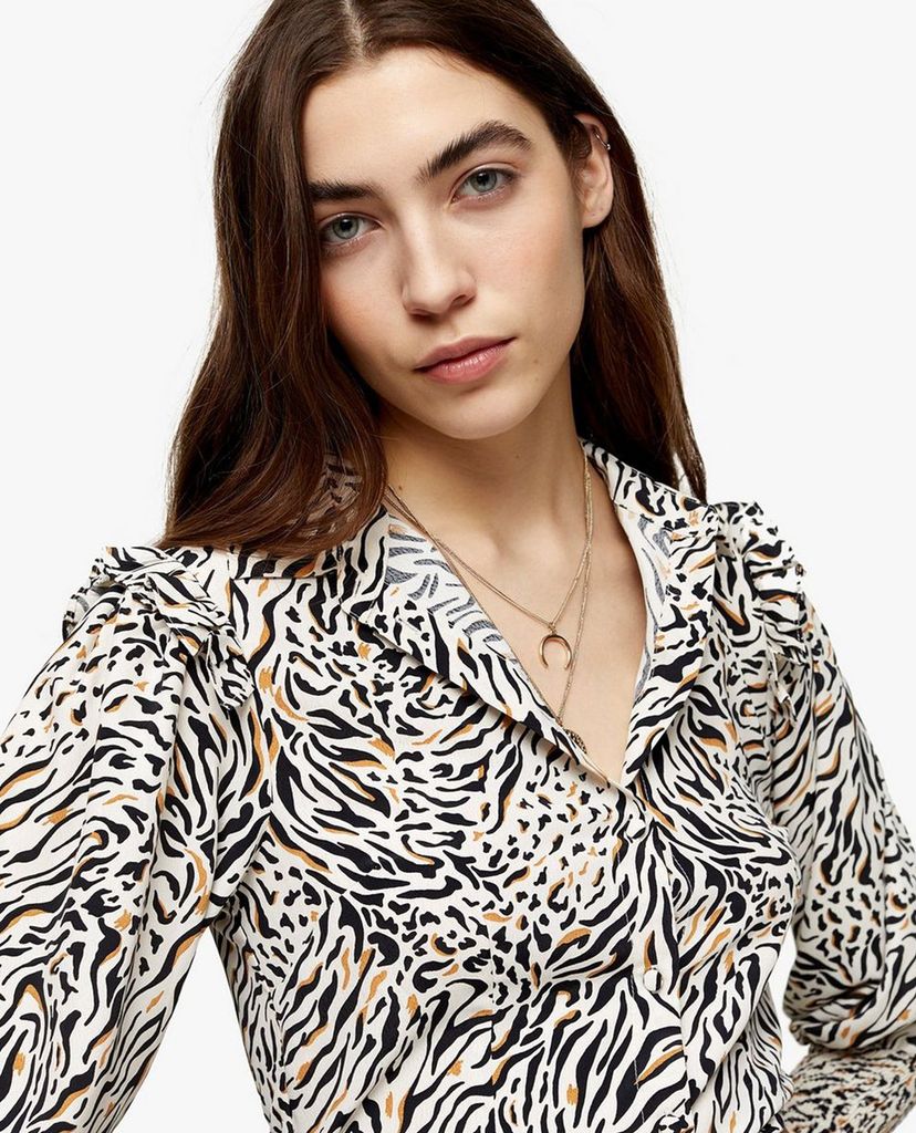 TOPSHOP - Áo kiểu nữ cổ sơ mi tay dài Black And White Frill Shirred