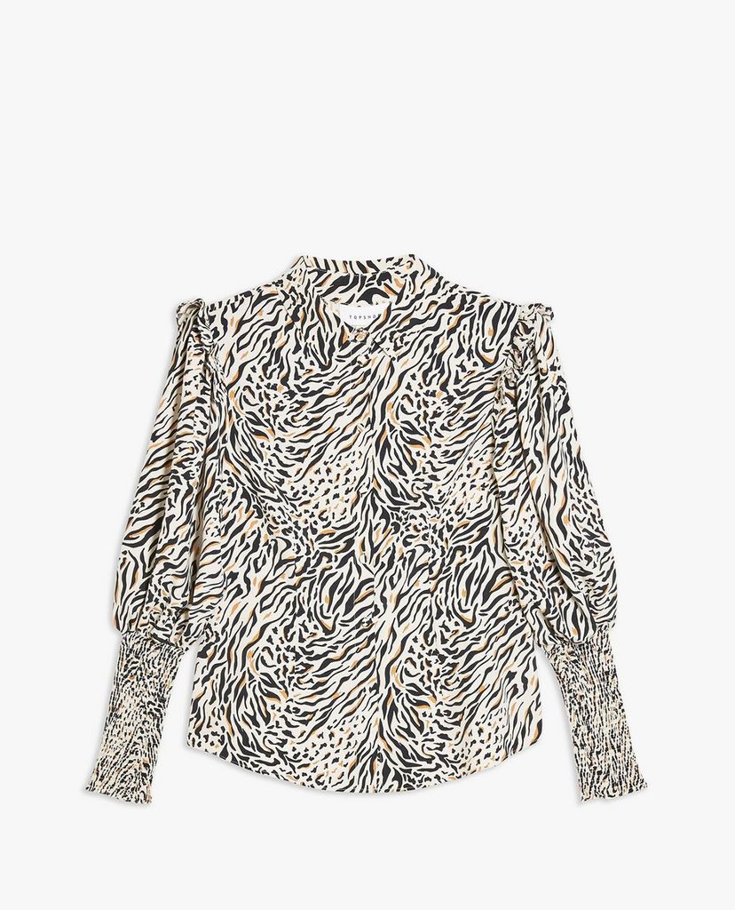 TOPSHOP - Áo kiểu nữ cổ sơ mi tay dài Black And White Frill Shirred