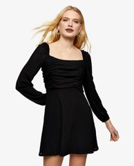 TOPSHOP - Đầm mini cổ vuông tay dài Ruched Poplin