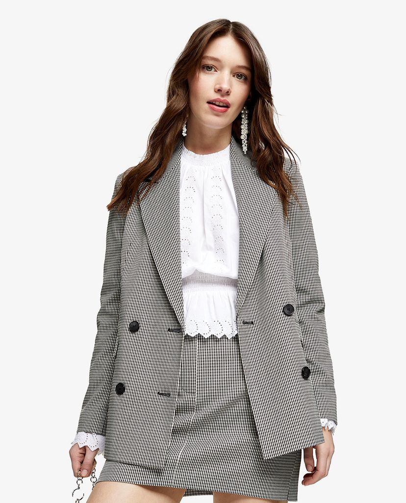 TOPSHOP - Áo blazer nữ tay dài Black & White Satin Mini Houndstooth