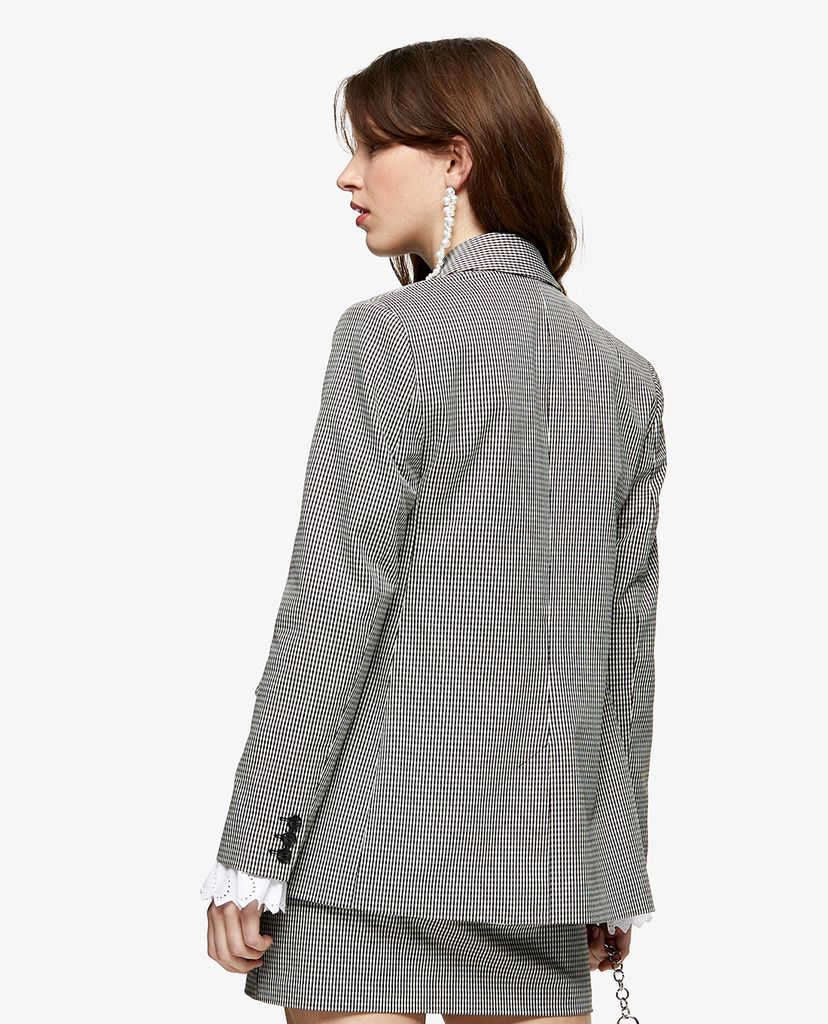 TOPSHOP - Áo blazer nữ tay dài Black & White Satin Mini Houndstooth