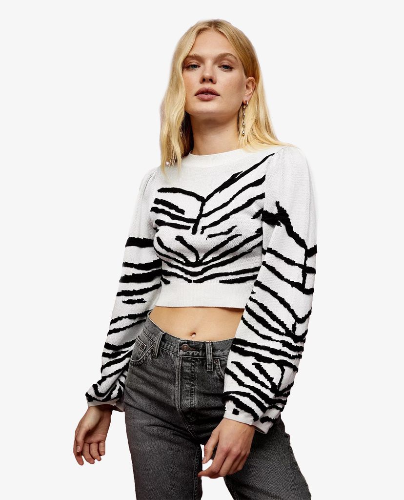 TOPSHOP - Áo khoác dệt kim nữ tay dài cổ tròn IDOL Black & White Zebra