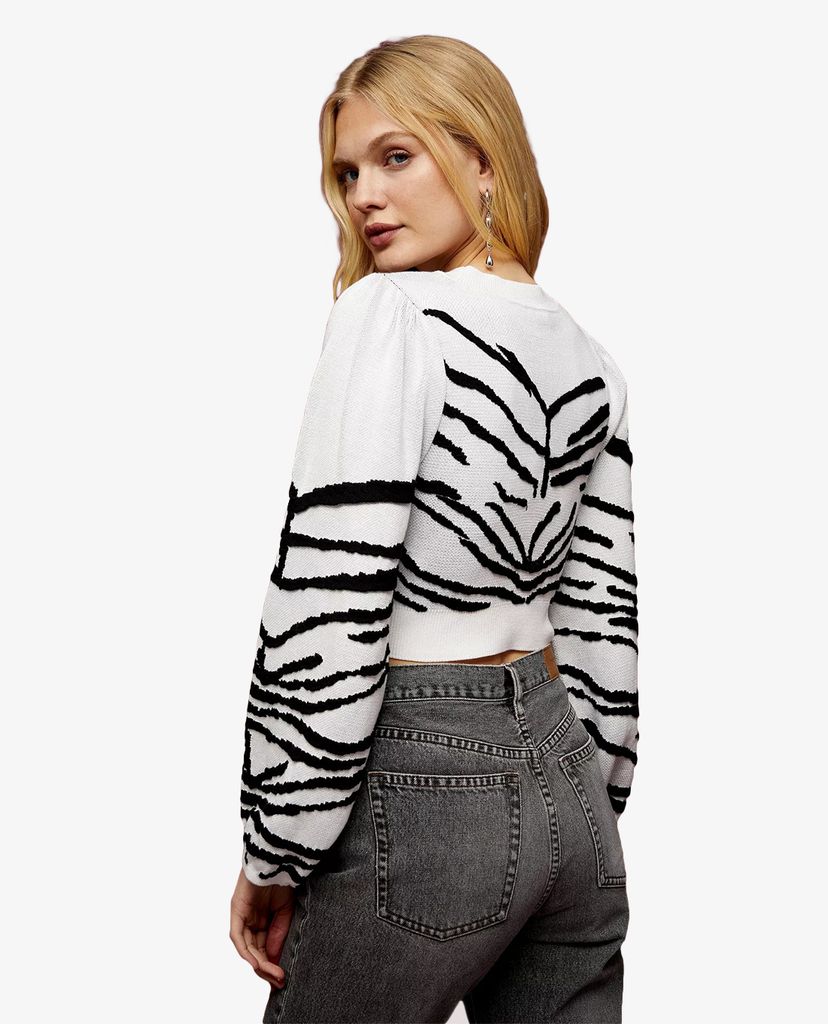 TOPSHOP - Áo khoác dệt kim nữ tay dài cổ tròn IDOL Black & White Zebra