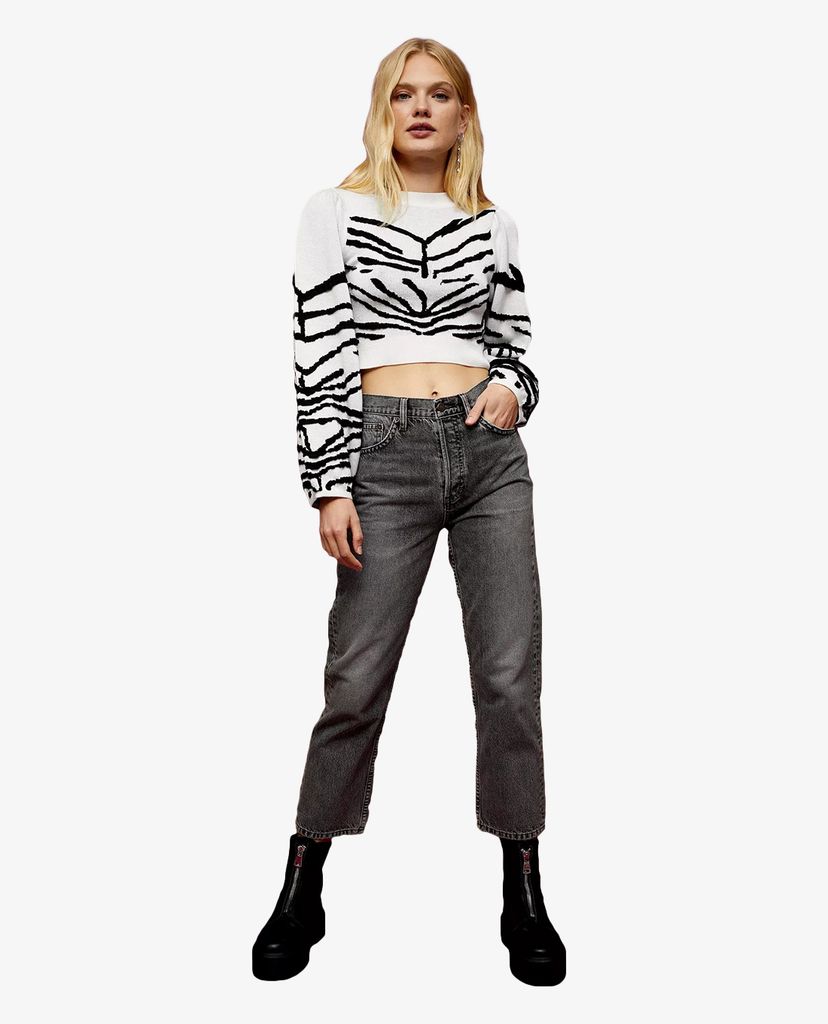 TOPSHOP - Áo khoác dệt kim nữ tay dài cổ tròn IDOL Black & White Zebra