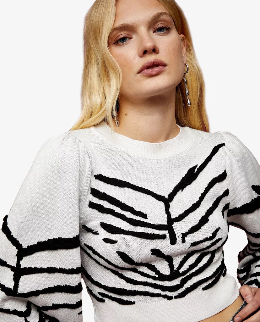 TOPSHOP - Áo khoác dệt kim nữ tay dài cổ tròn IDOL Black & White Zebra