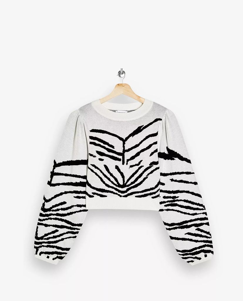 TOPSHOP - Áo khoác dệt kim nữ tay dài cổ tròn IDOL Black & White Zebra