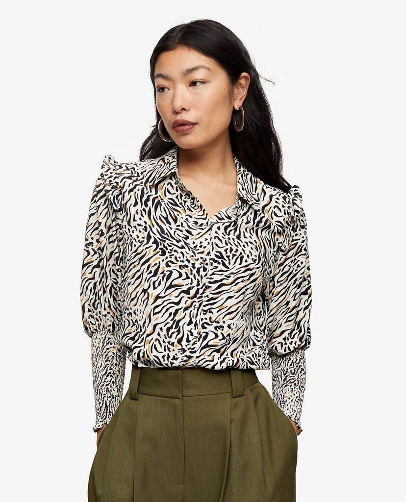 TOPSHOP - Áo sơ mi nữ cổ bẻ tay dài PETITE Black & White Print Frill Shirred