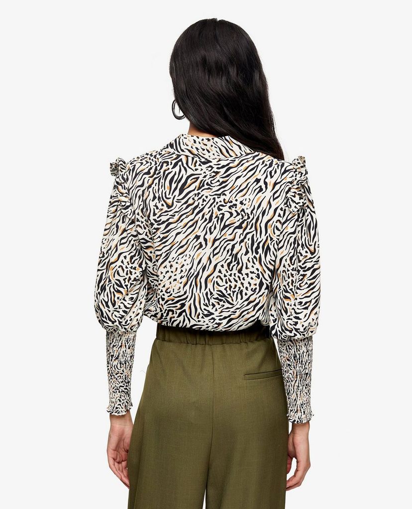 TOPSHOP - Áo sơ mi nữ cổ bẻ tay dài PETITE Black & White Print Frill Shirred
